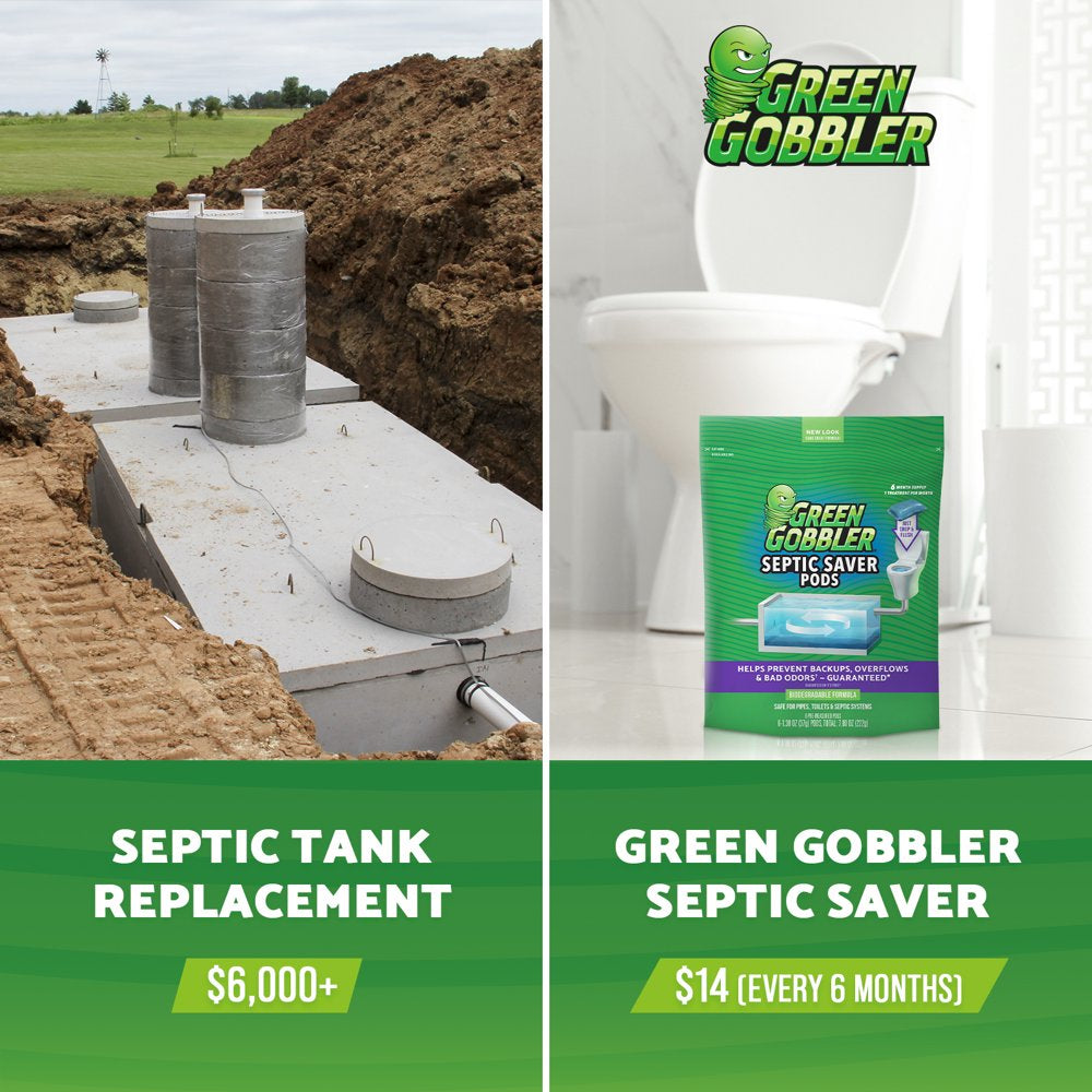 Green Gobbler Monthly Septic Tank Treatment Pacs, Pre-Measured Flushable Pacs - 6 Pc Ct