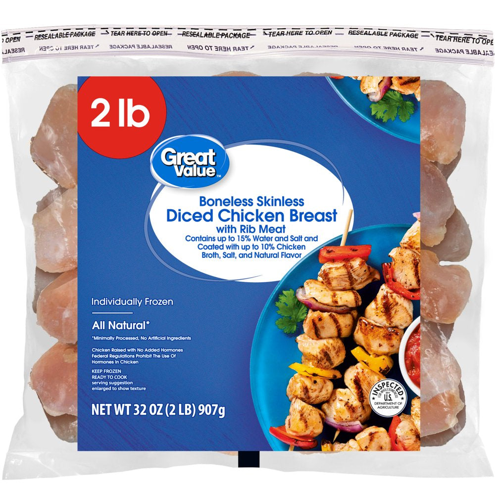 Great Value Boneless Skinless Diced Chicken Breast, 2 Lb (Frozen)