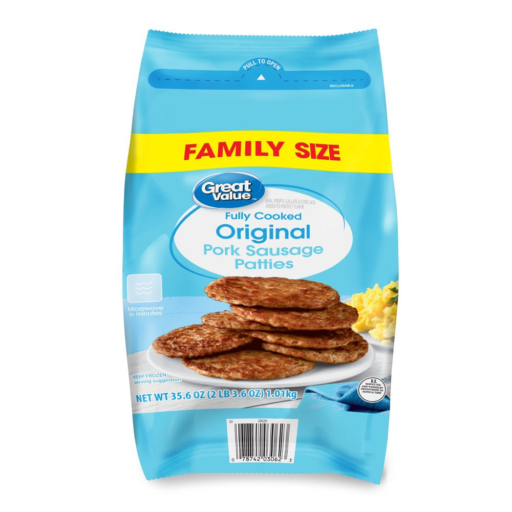 Great Value Fully Cooked Original Pork Sausage Patties, Family Size, 35.6 Oz (Frozen)