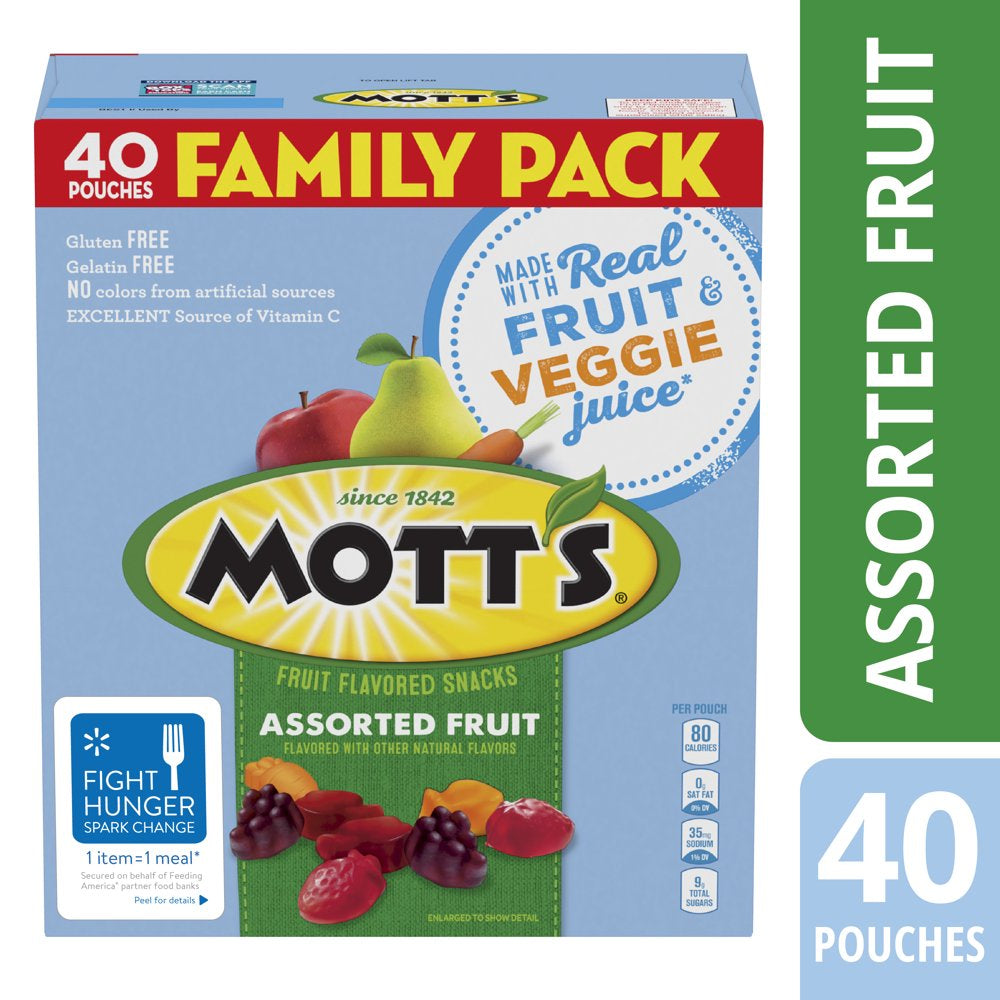 Mott'S Fruit Flavored Snacks, Assorted Fruit, Pouches, 0.8 Oz, 40 Ct