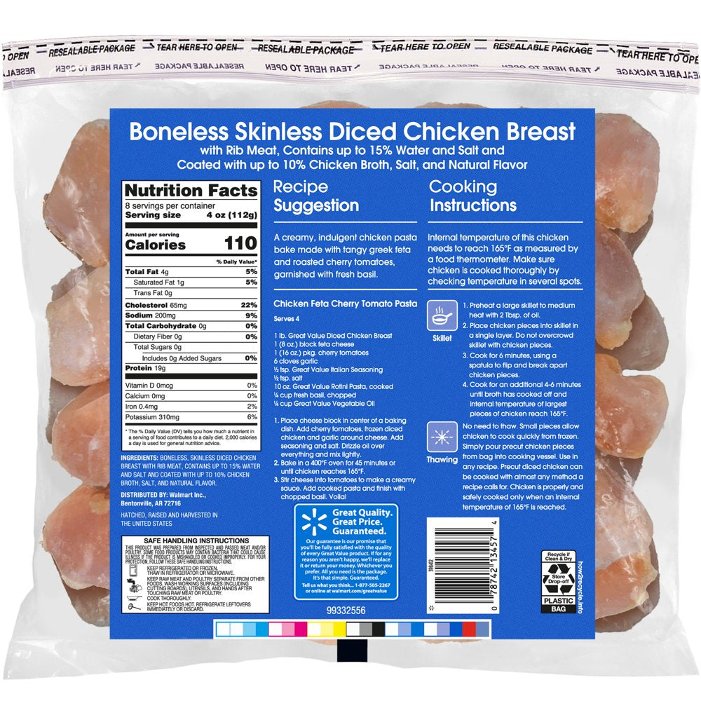 Great Value Boneless Skinless Diced Chicken Breast, 2 Lb (Frozen)