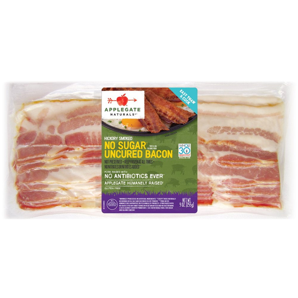 Applegate Natural No Antibiotics Hickory Smoked No Sugar Uncured Pork Bacon, 9Oz (Frozen)