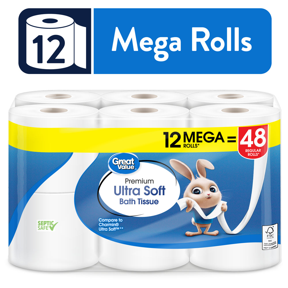 Great Value Ultra Soft Toilet Paper, 12 Mega Rolls