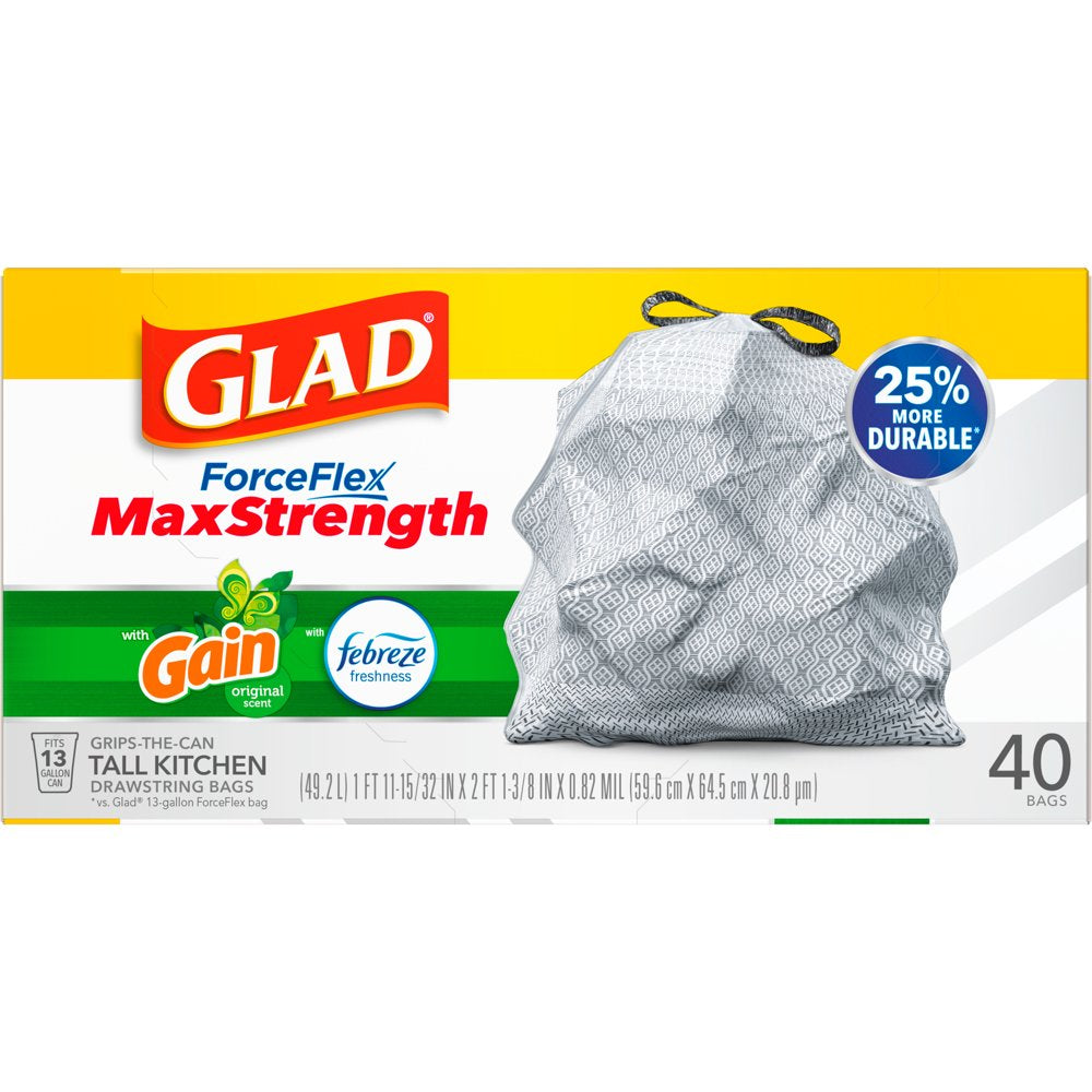 Glad Forceflex Maxstrength 13 Gallon Tall Kitchen Drawstring Trash Bags, Gain Original, 40 Bags