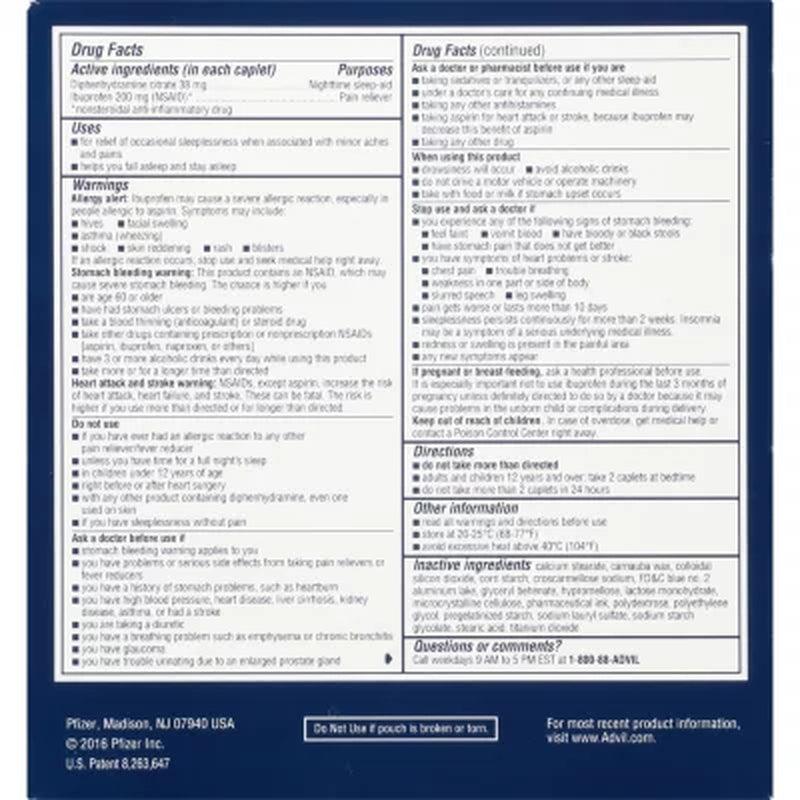 Advil PM Pain Reliever + Nighttime Sleep Aid Coated Caplet, 200 Mg. Ibuprofen, 38 Mg. Diphenhydramine (2 Pk., 50 Ct./Pk.)