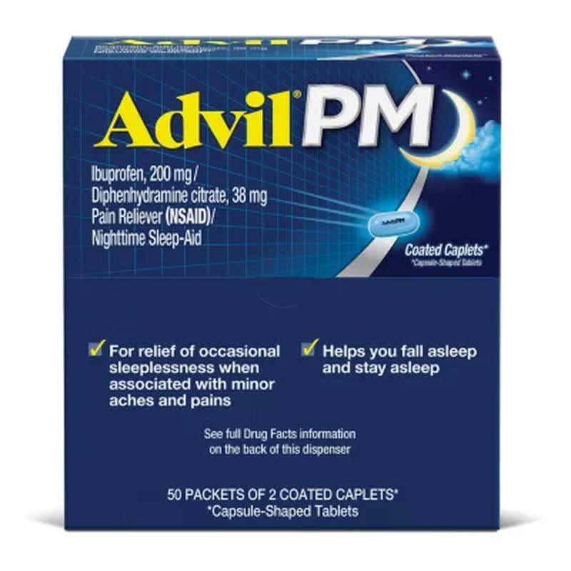 Advil PM Pain Reliever + Nighttime Sleep Aid Coated Caplet, 200 Mg. Ibuprofen, 38 Mg. Diphenhydramine (2 Pk., 50 Ct./Pk.)