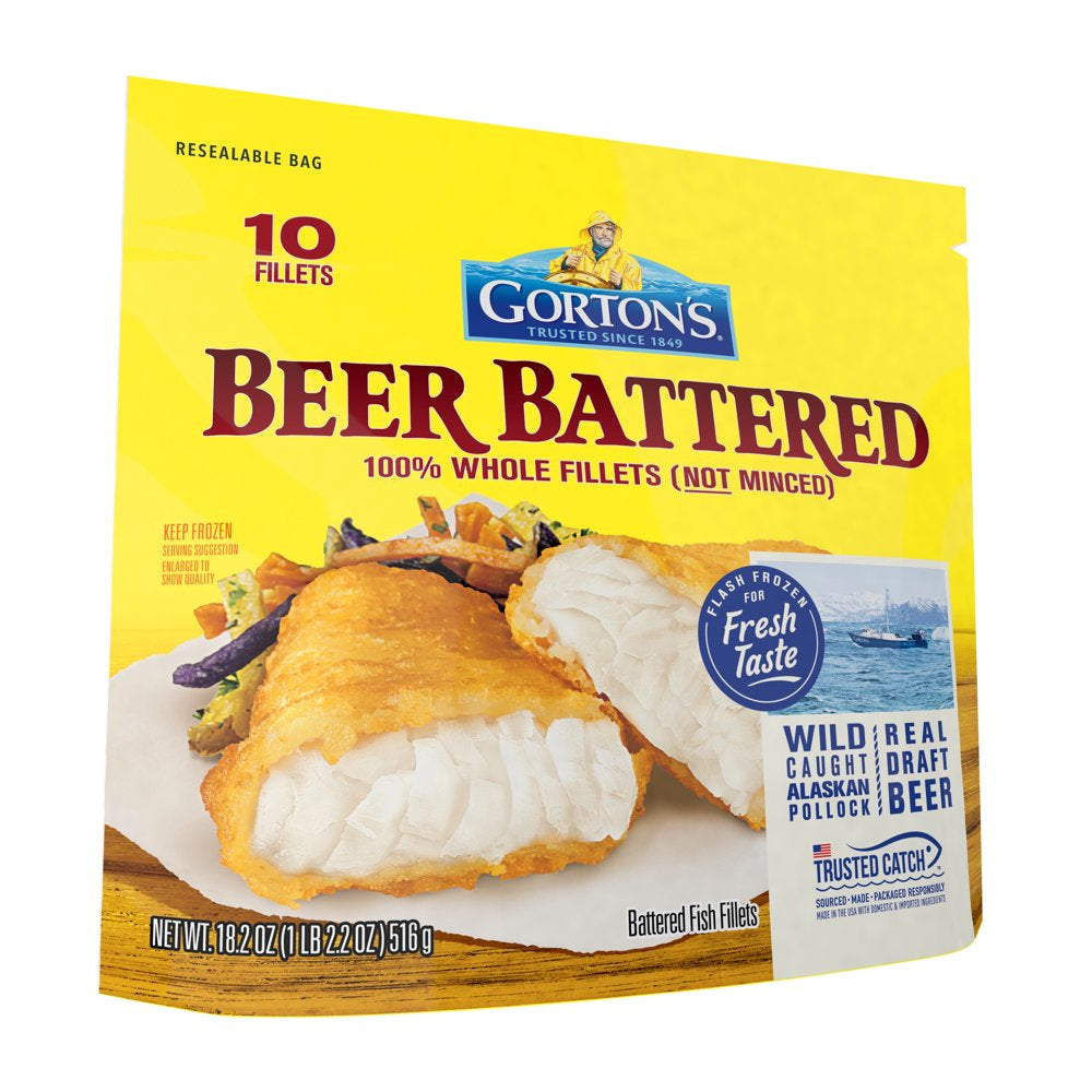 Gorton’S Beer Battered Fish, Wild Caught Pollock, Frozen, 10 Count, 18.2 Ounce Resealable Bag