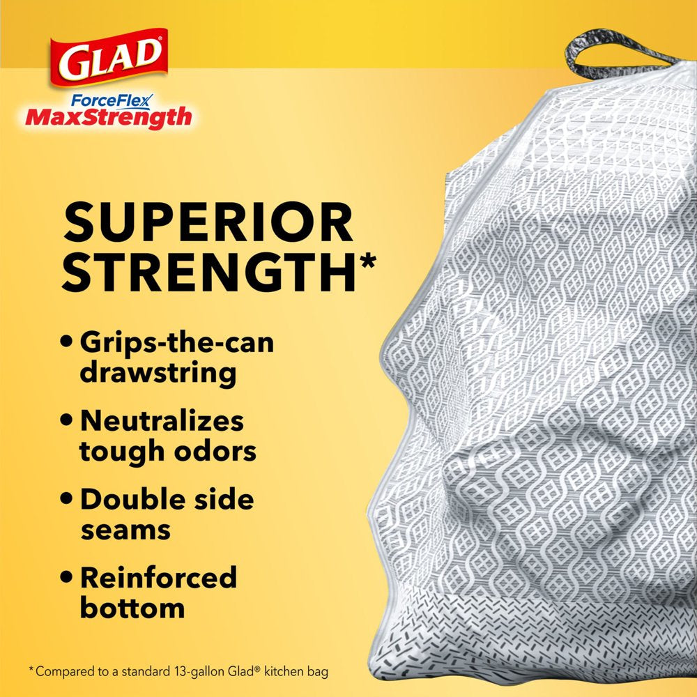 Glad Forceflex Maxstrength 13 Gallon Tall Kitchen Drawstring Trash Bags, Gain Original, 40 Bags