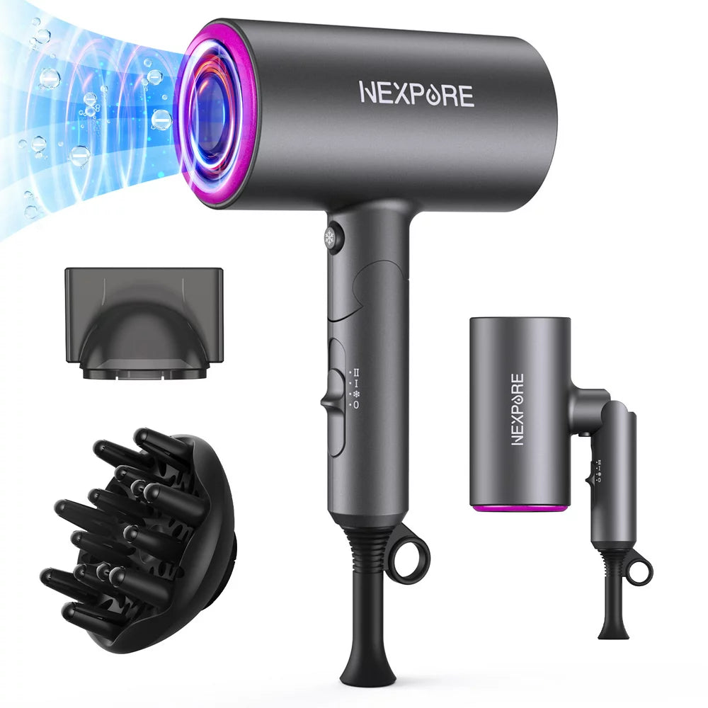 Hair Dryer, NEXPURE 1800W Professional Ionic Hairdryer for Hair Care, Powerful Hot/Cool Wind Blow Dryer, 2 Magnetic Attachments, ETL, UL and ALCI Safety Plug (Dark Grey)