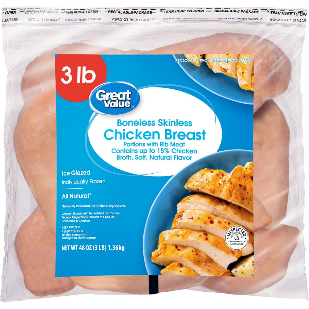 Great Value All Natural Boneless Skinless Chicken Breasts, 3 Lb (Frozen)