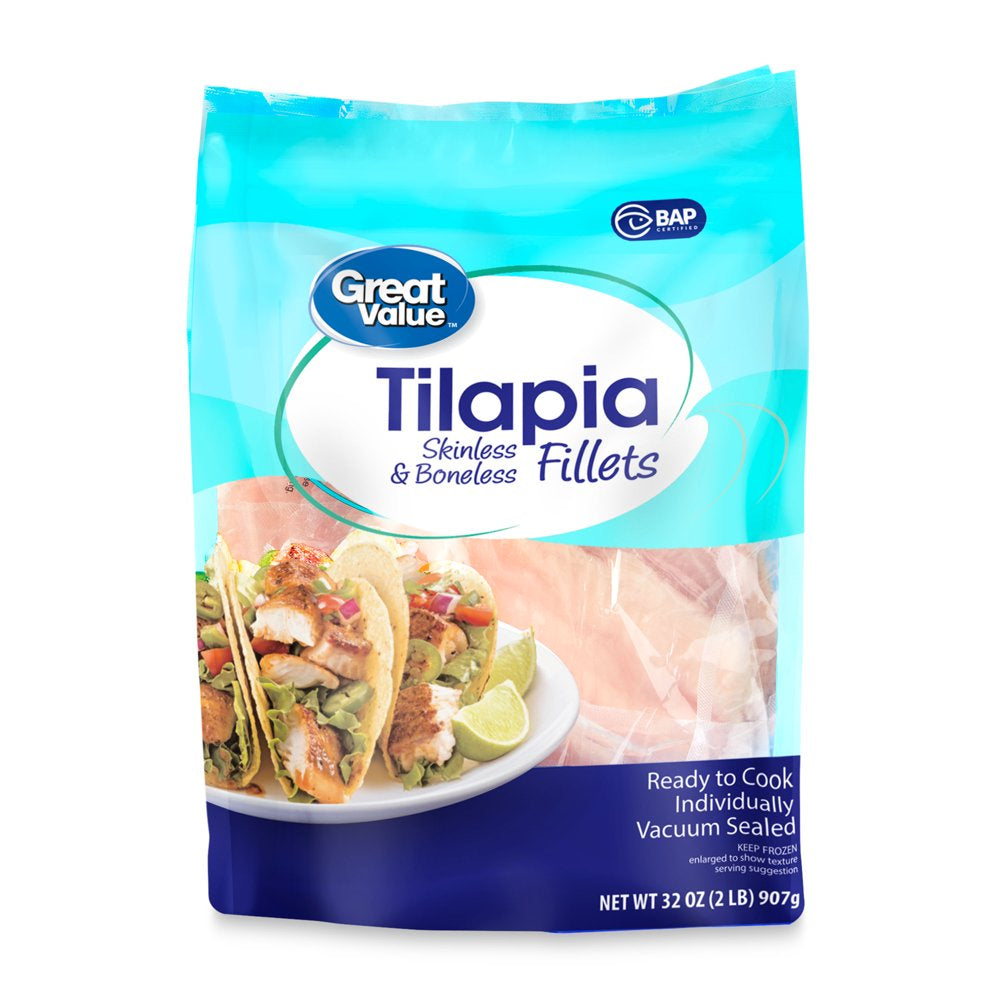 Great Value Frozen Tilapia Skinless & Boneless Fillets, 2 Lb