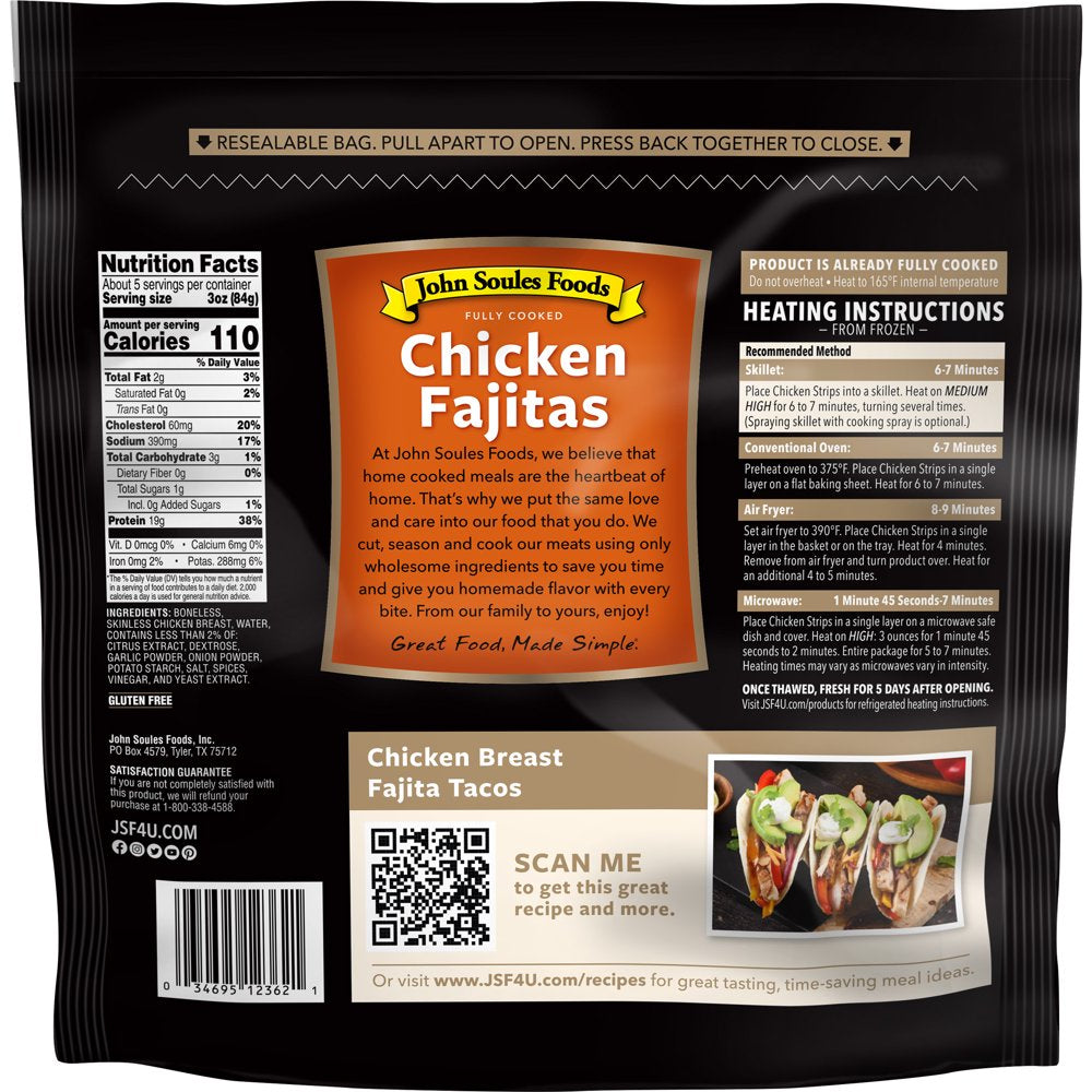 John Soules Foods Chicken Breast Fajita Strips, Frozen, Fully Cooked, 16 Oz, 18G Protein per Serving