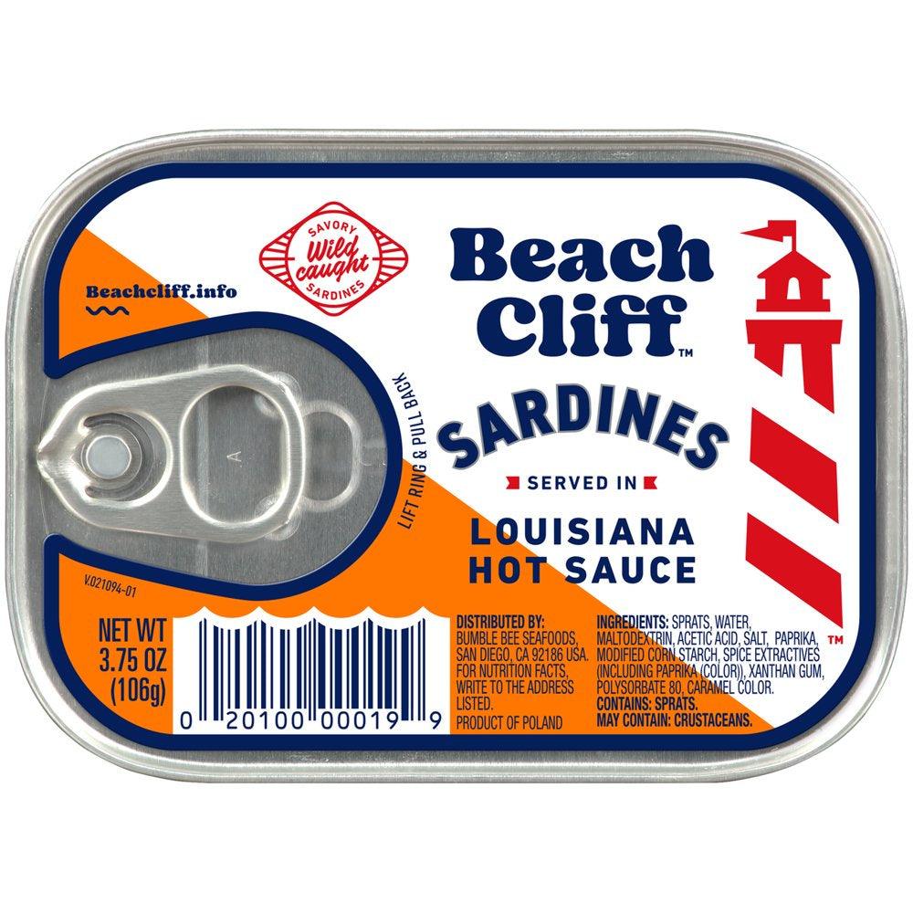 Beach Cliff Sardines in Louisiana Hot Sauce, 3.75 Oz Can, Shelf Stable Canned Wild Caught Sardine, High in Protein