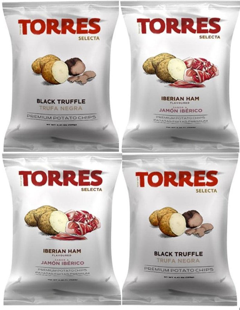 (Best Flavors) Torres Premium Potato Chips [4 Pack] - 2 Black Truffle Chips and 2 Iberico Ham Chips - Handcrafted Patatas Fritas 4 Pack Torres Chips