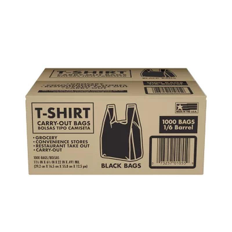 Black T-Shirt Carryout Bags, 11.5" X 6.5" X 22" (1,000 Ct.)