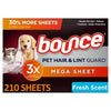 Bounce Pet Hair and Lint Guard Mega Dryer Sheets with 3X Pet Hair Fighters, Fresh Scent (210 Ct.)