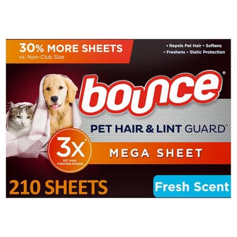 Bounce Pet Hair and Lint Guard Mega Dryer Sheets with 3X Pet Hair Fighters, Fresh Scent (210 Ct.)