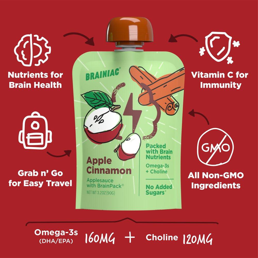 Brainiac Omega-3 Applesauce, Cinnamon Apple, No Sugar Added, 3.2 Oz,10 Ct