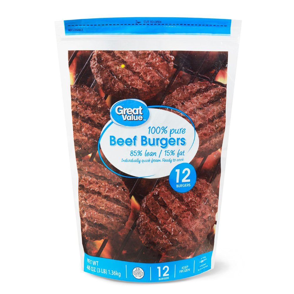 Great Value 100% Pure Beef Burgers, 85% Lean/15% Fat, 3 Lbs, 12 Count (Frozen)