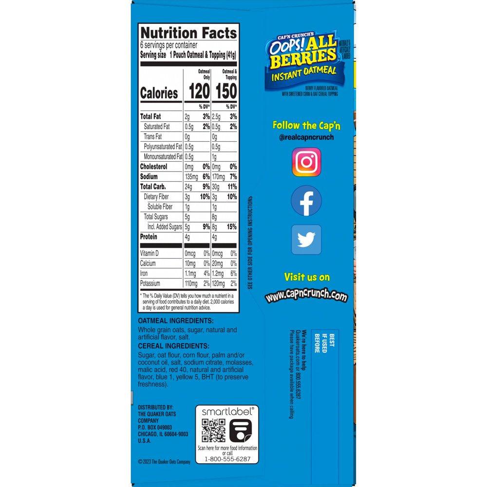 Cap'N Crunch Instant Oatmeal Cereal, Oops All Berries, 8.5 Oz, 6 Packets