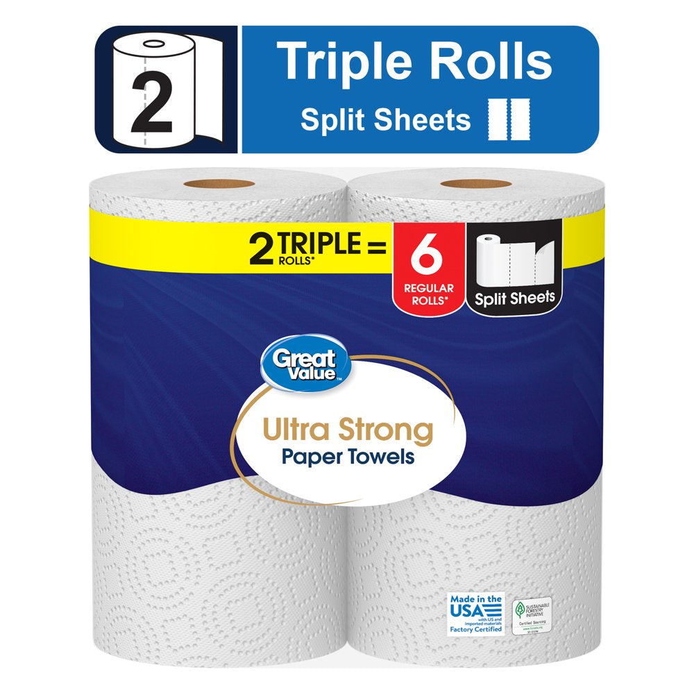 Great Value Ultra Strong Paper Towels, White, 2 Triple Rolls