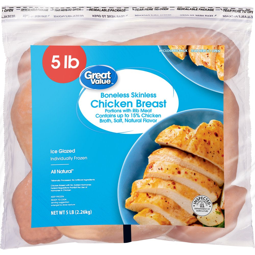 Great Value All Natural Boneless Skinless Chicken Breasts, 5 Lb (Frozen)