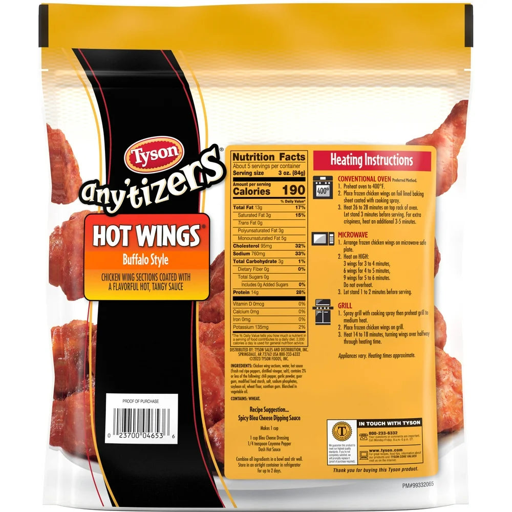 Tyson Any'Tizers Buffalo Style Hot Wings, 1.37 Lb Bag (Frozen)