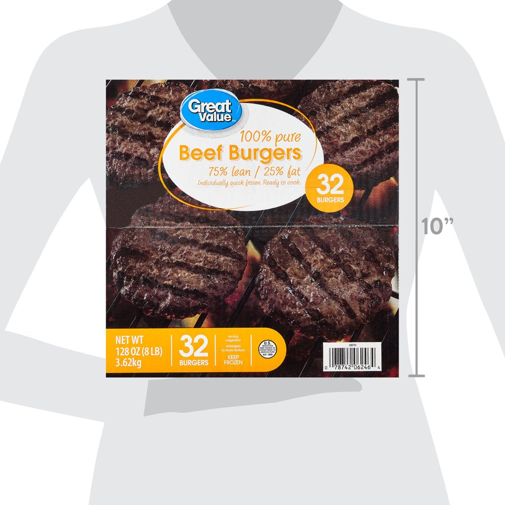 Great Value 100% Pure Beef Burgers, 75% Lean/25% Fat, 8 Lbs, 32 Count (Frozen)