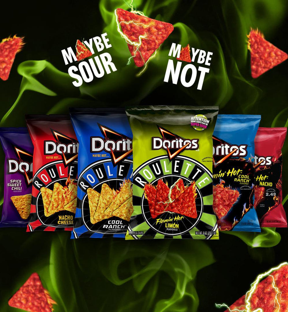 Doritos Roulette Nacho Cheese, Cool Ranch & Flamin’ Hot Limon, 9 Oz, Bundle with Water Bottle