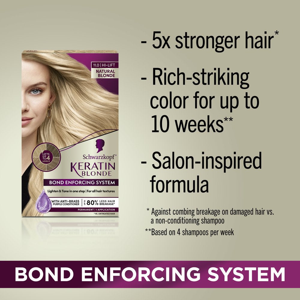 Schwarzkopf Keratin Blonde Hair Dye Natural Blonde 11.0, Hi-Lift Permanent Color, 1 Application - Hair Color Enriched with Keratin, Lightens up to 4 Levels and Protects Hair from Breakage*