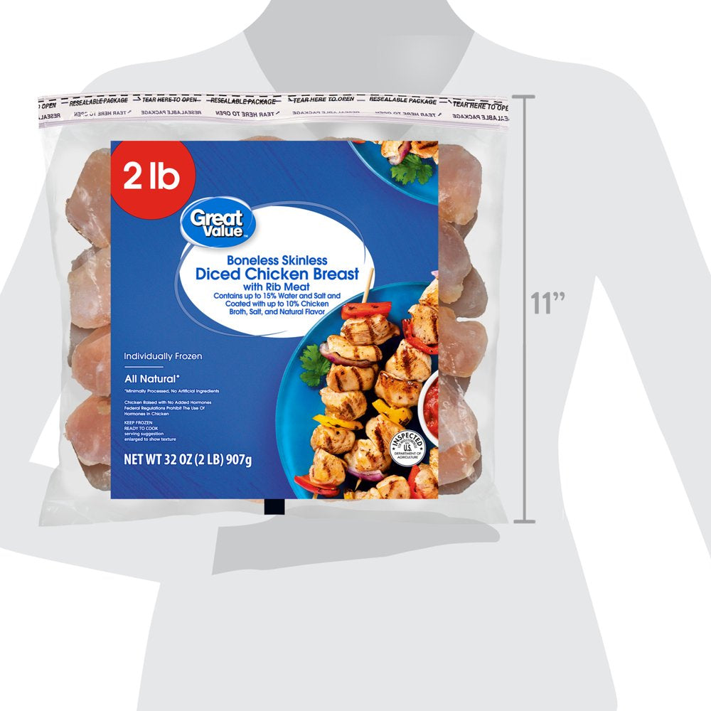 Great Value Boneless Skinless Diced Chicken Breast, 2 Lb (Frozen)