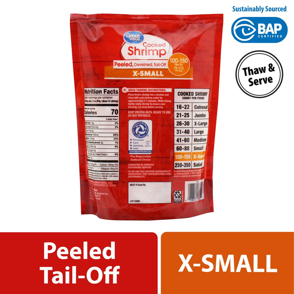 Great Value Frozen Cooked Extra Small Peeled & Deveined, Tail-Off Shrimp, 12 Oz (100-150 per Lb)