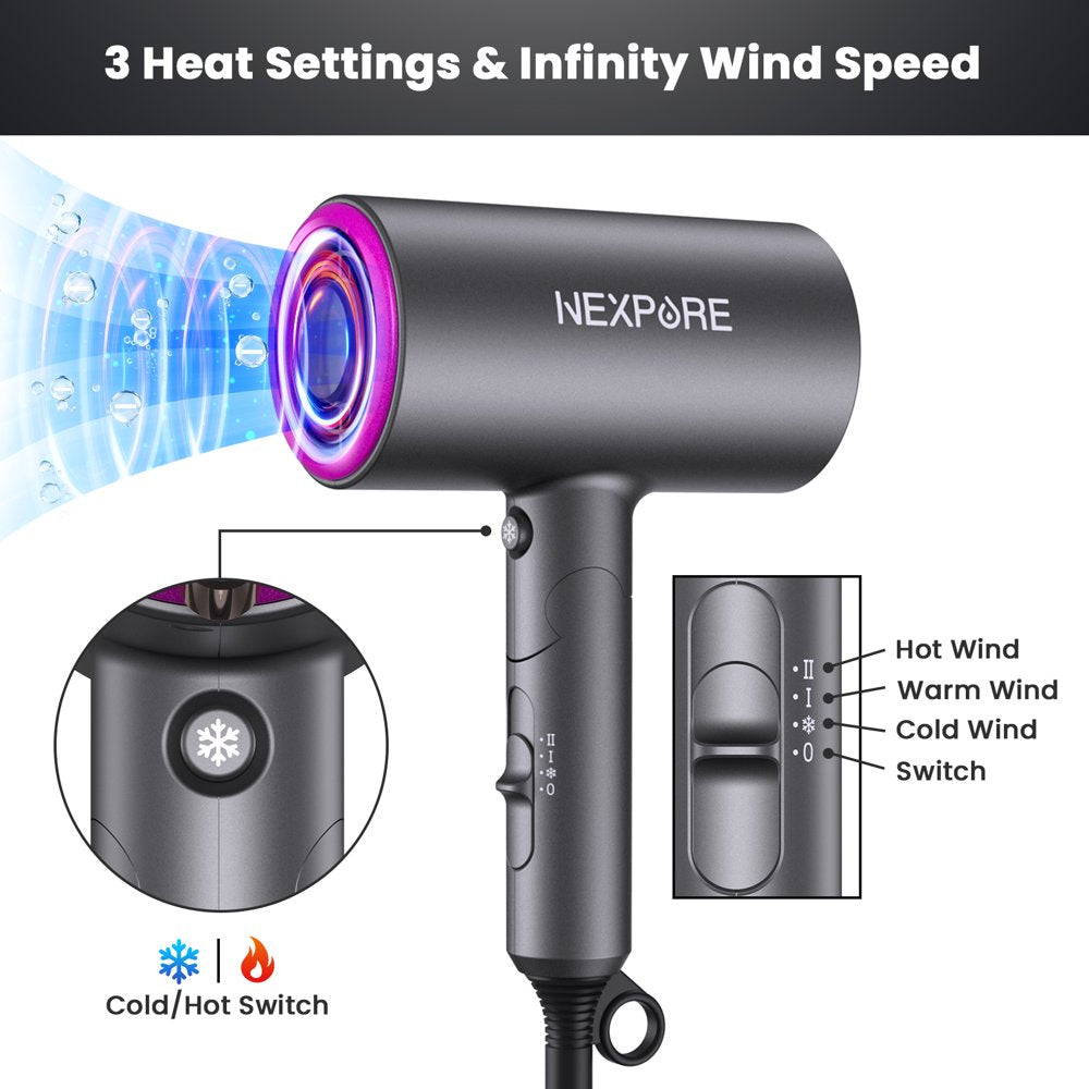 Hair Dryer, NEXPURE 1800W Professional Ionic Hairdryer for Hair Care, Powerful Hot/Cool Wind Blow Dryer, 2 Magnetic Attachments, ETL, UL and ALCI Safety Plug (Dark Grey)