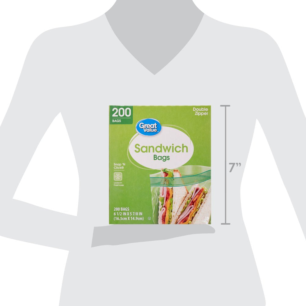 Great Value Double Zipper Sandwich Bags, 200 Count