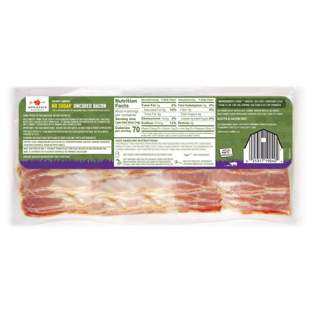 Applegate Natural No Antibiotics Hickory Smoked No Sugar Uncured Pork Bacon, 9Oz (Frozen)