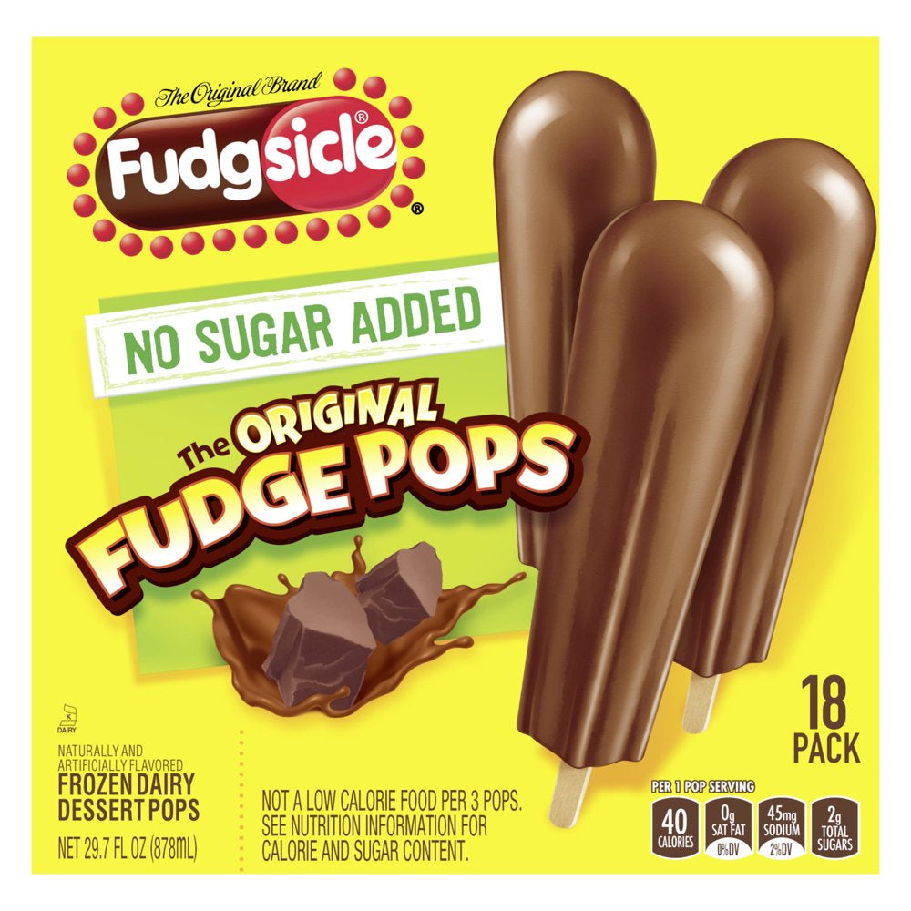 Popsicle Fudgsicle No Sugar Added the Original Fudge Pops Popsicles Ice Pops, 1.65 Fl Oz, 18 Count