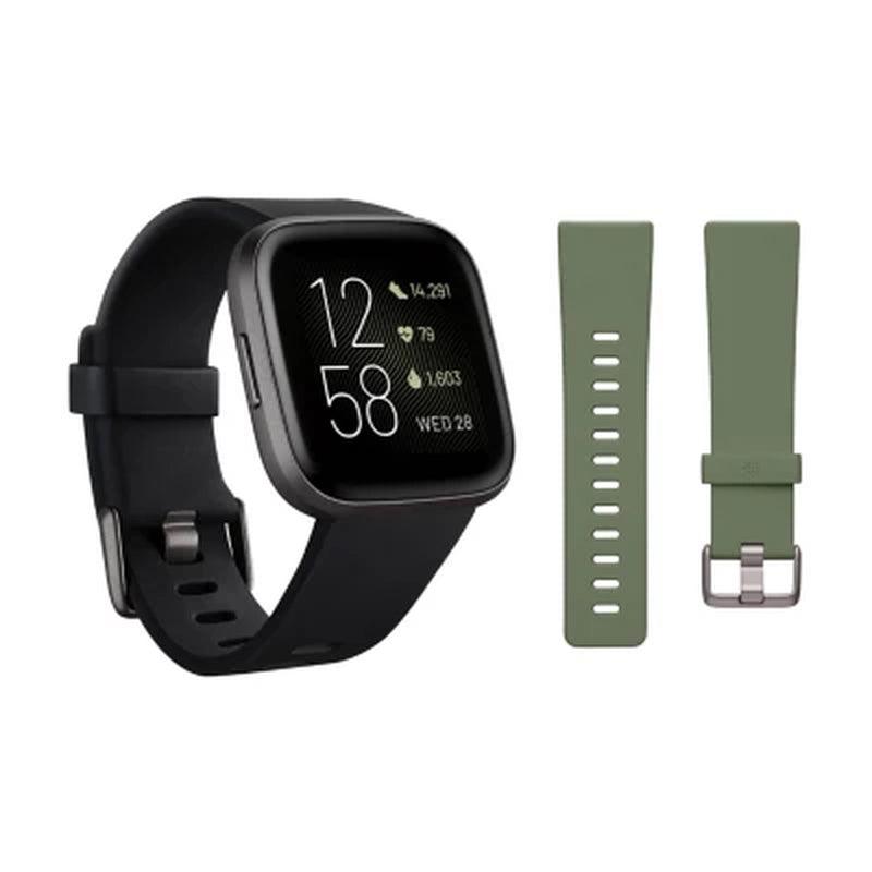 Fitbit Versa 2 Smartwatch Carbon (Black) with Bonus Bands (Olive)