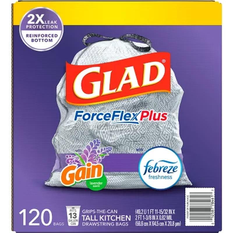 Glad Forceflex plus Tall Kitchen Drawstring Trash Bags, Gain Lavender (13 Gal., 120 Ct.)