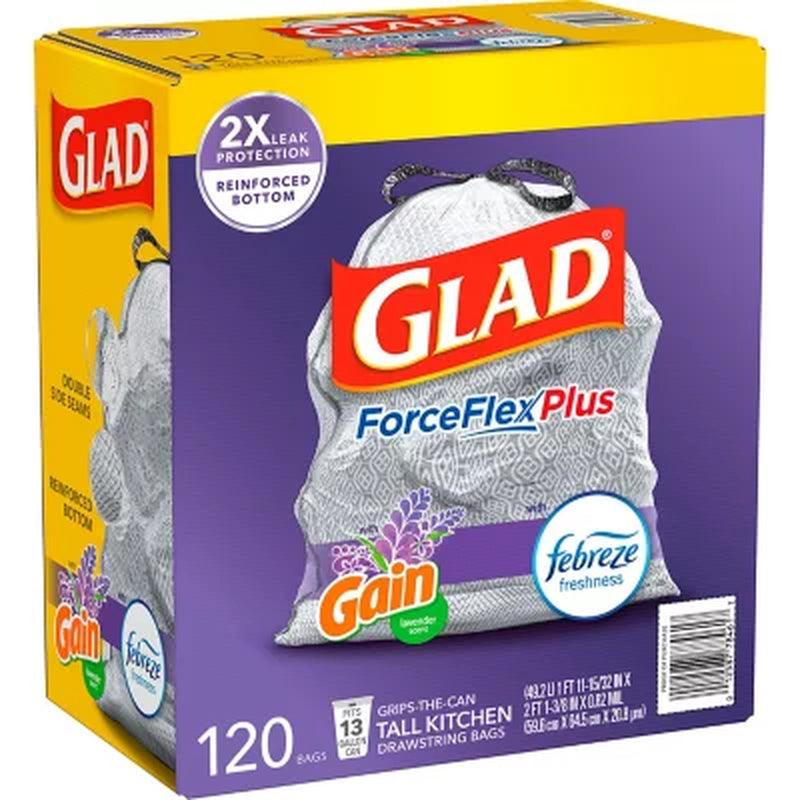 Glad Forceflex plus Tall Kitchen Drawstring Trash Bags, Gain Lavender (13 Gal., 120 Ct.)