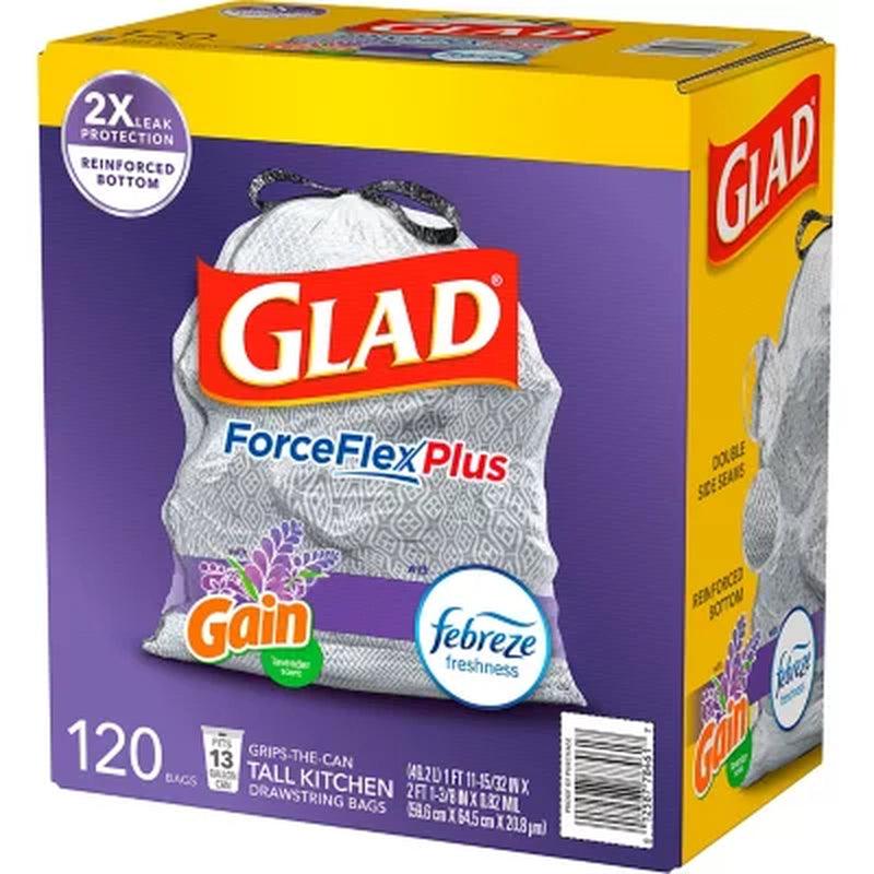 Glad Forceflex plus Tall Kitchen Drawstring Trash Bags, Gain Lavender (13 Gal., 120 Ct.)