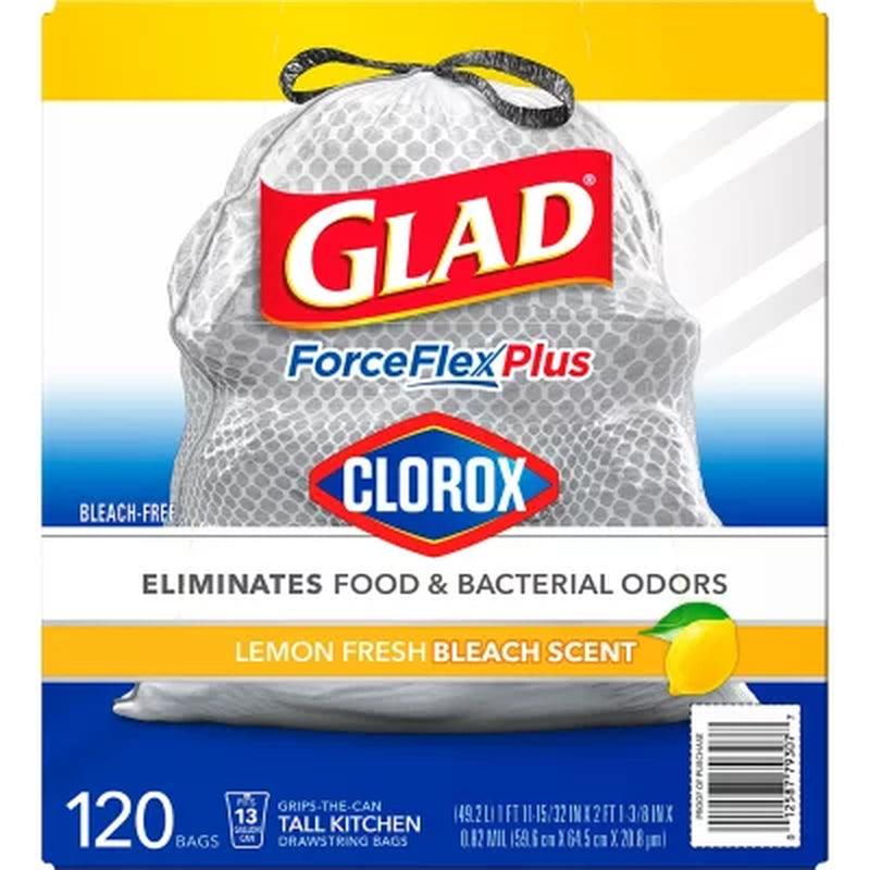 Glad Forceflex plus Tall Kitchen Trash Bags with Clorox, Lemon Fresh Bleach Scent (13 Gal., 120 Ct.)