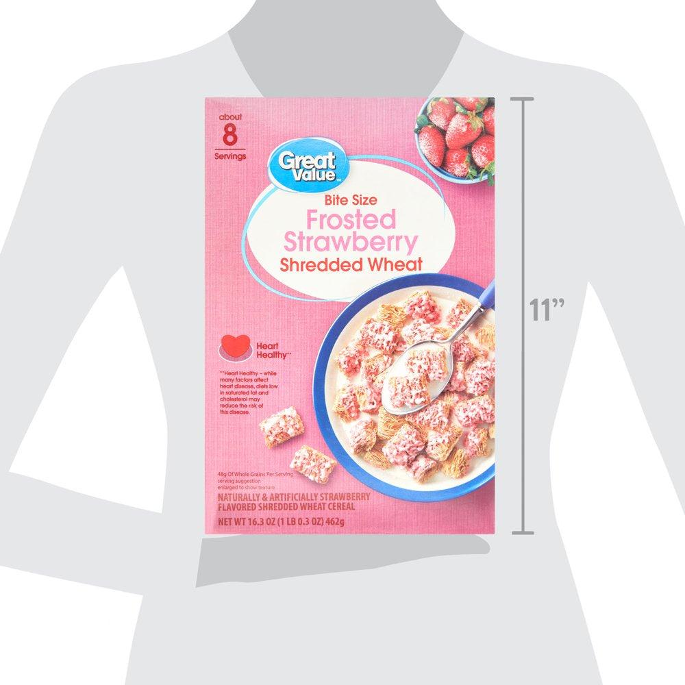 Great Value Bite Size Frosted Strawberry Shredded Wheat Breakfast Cereal, 16.3 Oz