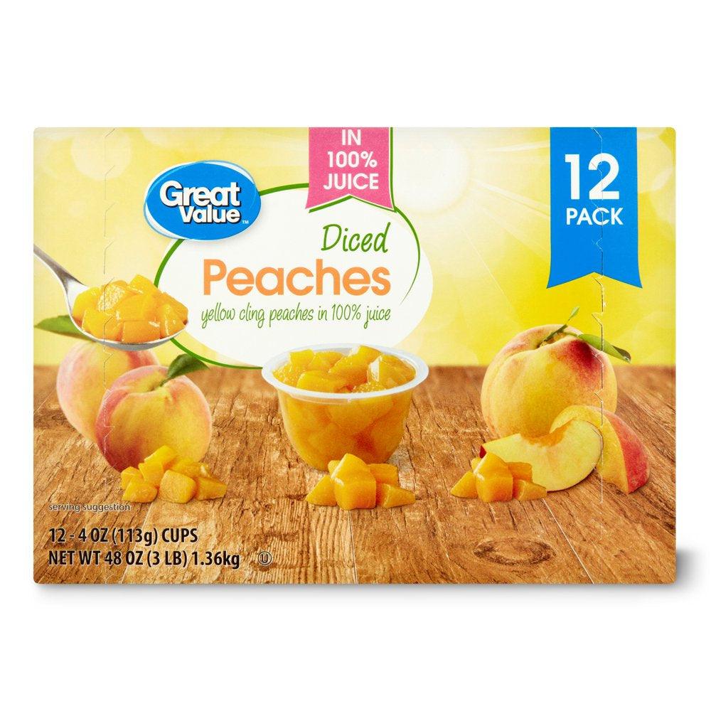 Great Value Diced Yellow Cling Peaches in 100% Juice, 4 Oz, 12 Ct