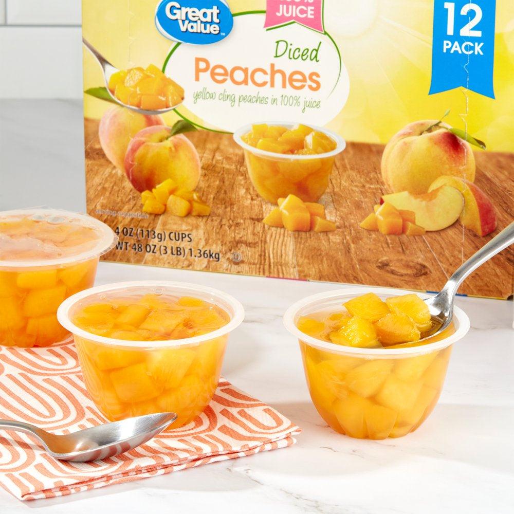 Great Value Diced Yellow Cling Peaches in 100% Juice, 4 Oz, 12 Ct