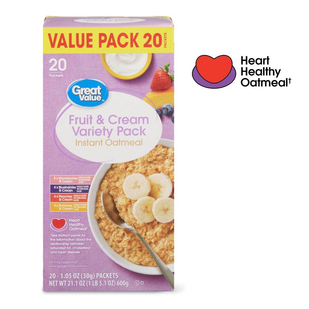 Great Value Fruit & Cream Variety Instant Oatmeal Value Pack, 1.05 Oz, 20 Packets