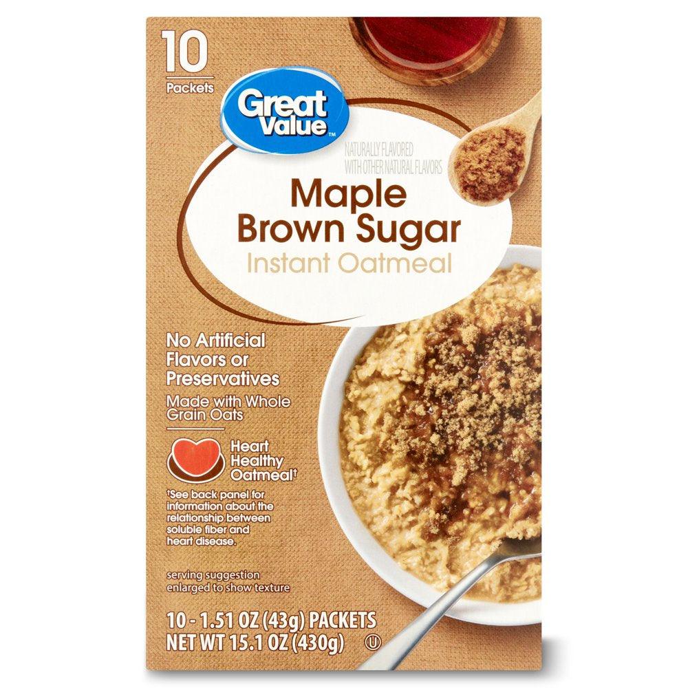 Great Value Maple & Brown Sugar Instant Oatmeal, 1.51 Oz, 10 Packets