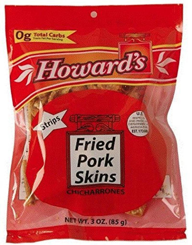 Howards Fried Pork Skins Strips | Crispy Texture, Low Carb, Delicious Flavor | Guilt Free Diet Friendly Low Sugar Snacking | 3Oz, Pack of 4