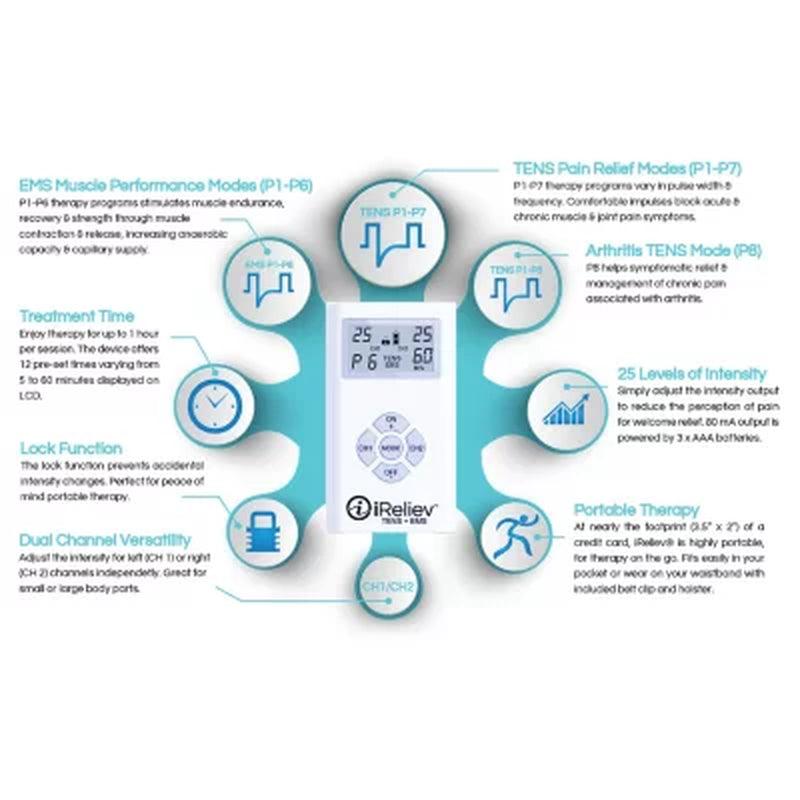 Ireliev Dual Channel TENS + EMS System with Electrode Pads (2 Sizes)