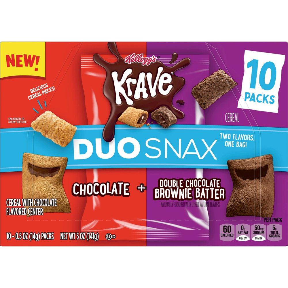 Kellogg'S Krave Duo Snax Chocolate and Double Chocolate Brownie Batter Cereal Snacks, 5 Oz, 10 Count