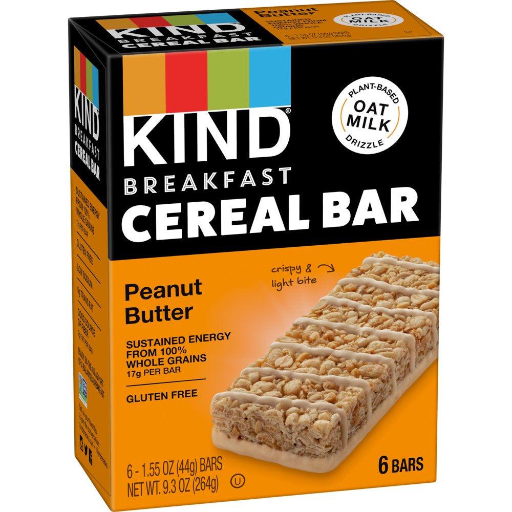 KIND Breakfast Cereal Bars, Gluten Free Snacks, Peanut Butter, 9.3Oz Box (6 Bars)